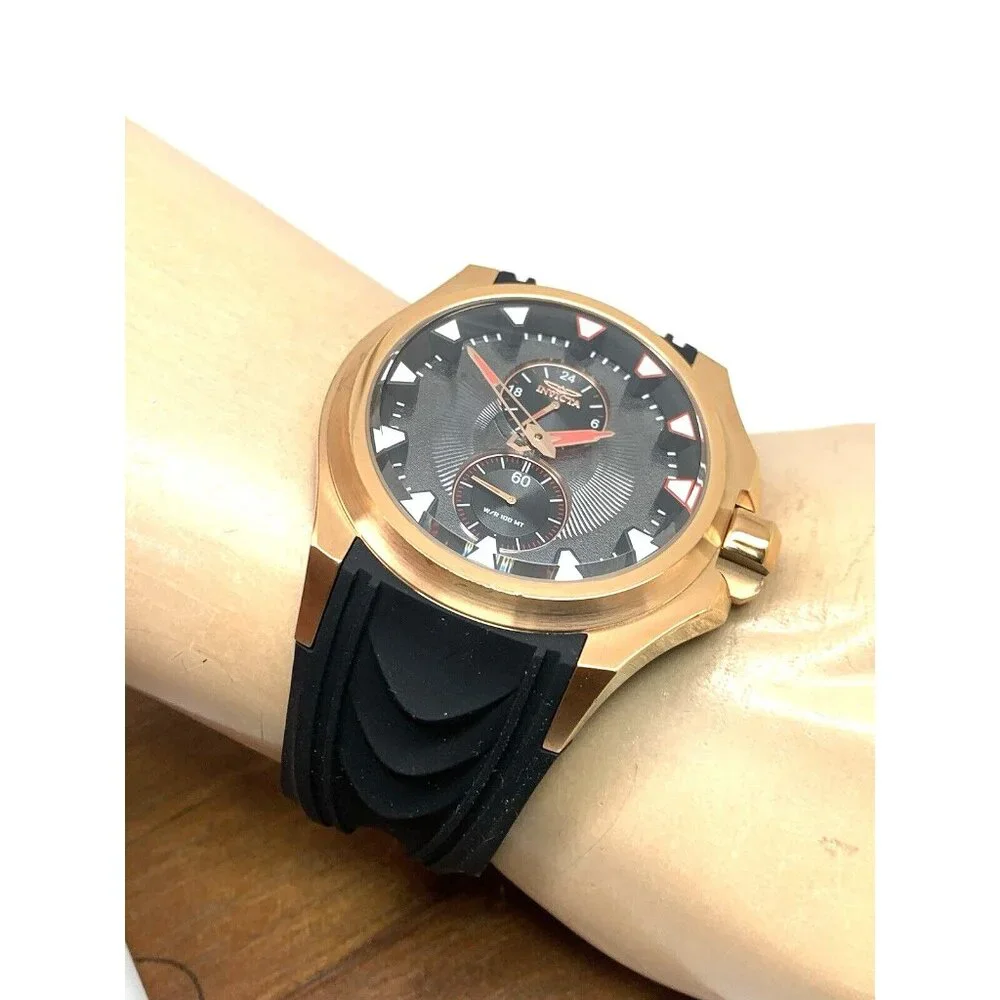 Invicta Men's Watch 38015 S1 Rally Quartz Black Dial Rose Gold Rubber Band 47mm